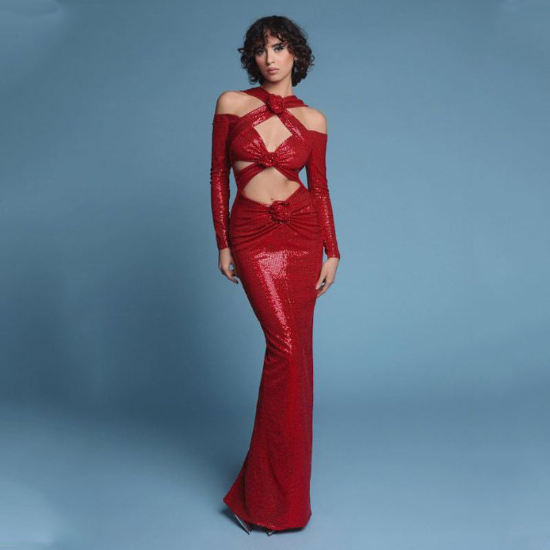 V-neck Long Sleeve Skirt Slit Hemline At Hem Dress