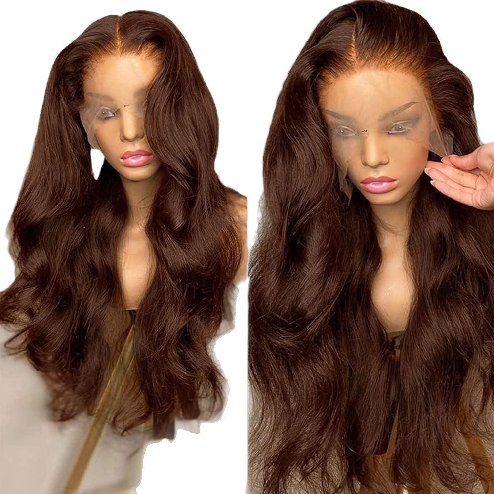 Perruque longue et bouclée brune avec raie au milieu et bordure en dentelle