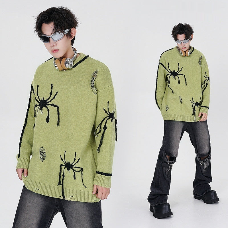 High Street Spider Jacquard Burr Contrast Color Rope Knitted Sweater