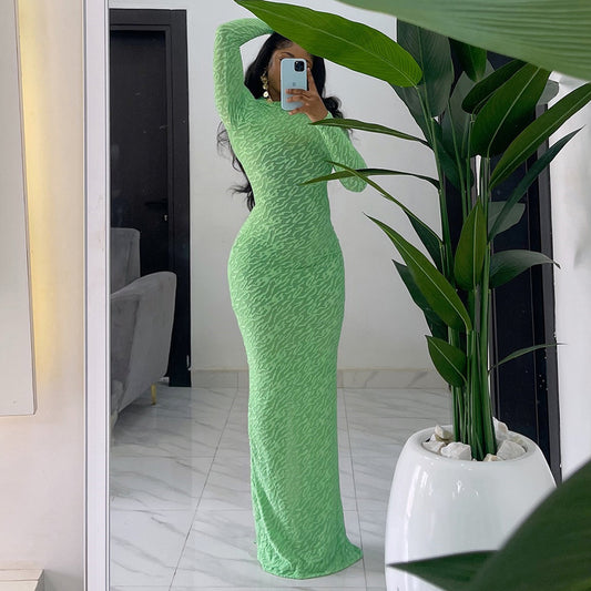 Round Neck Long Sleeve Flocking Slim Fit European And American Style Dress Women