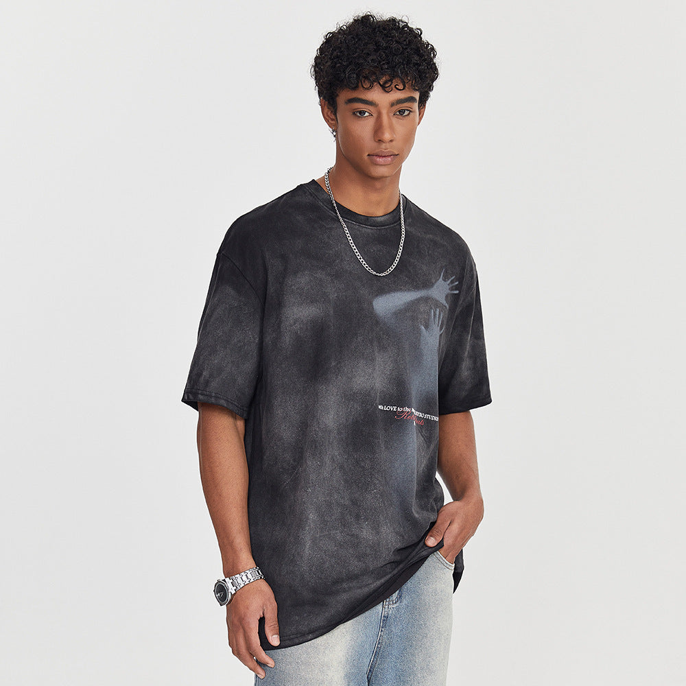 Fuzzy Figure Short-sleeved T-shirt Men's Tie-dye Gradient Paint Top
