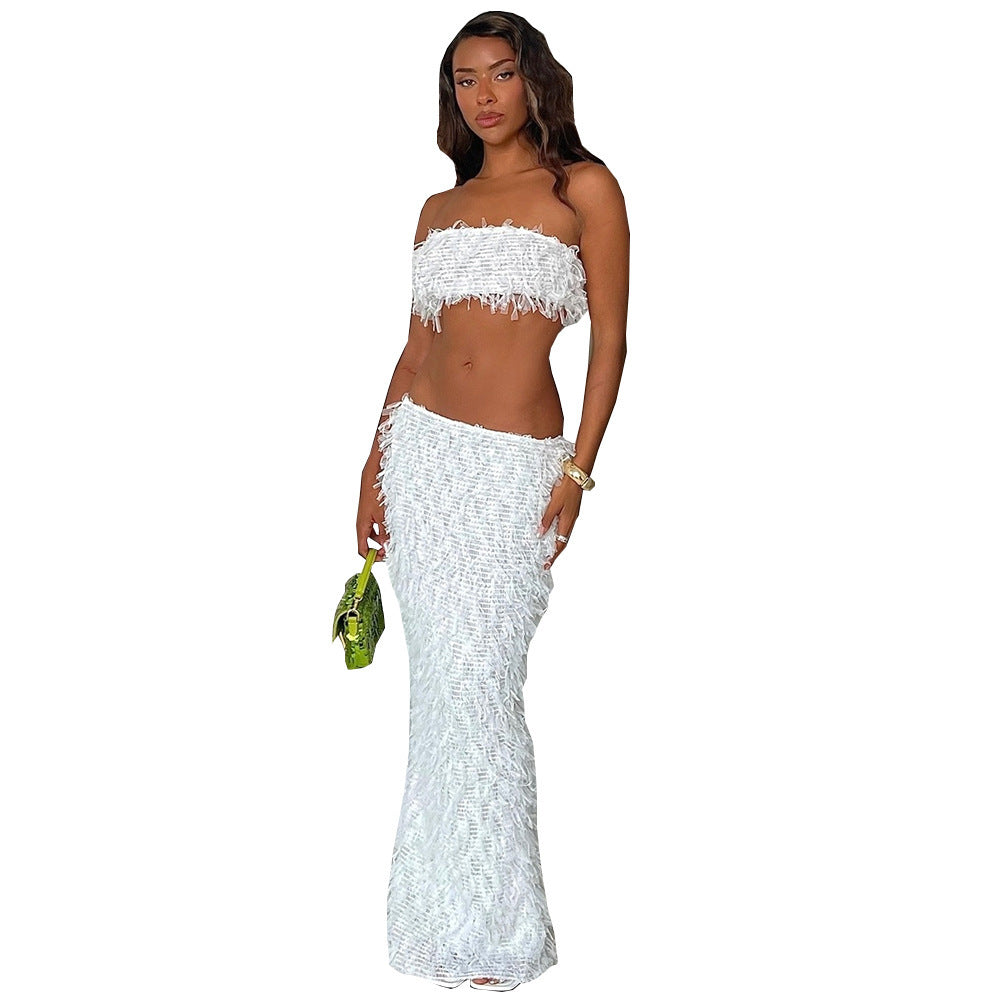 Ensemble jupe-robe transparent européen et américain en maille dos nu avec enveloppement de poitrine