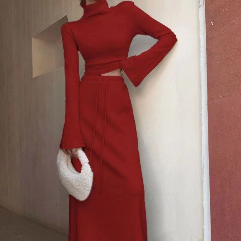 Spring And Autumn New Half Turtleneck Short Top High Waist Sheath Skirt Two-piece Set