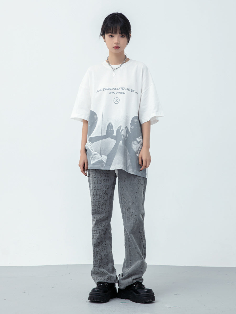 New Letter Portrait Color Reversal Graphic Print T-shirt Men