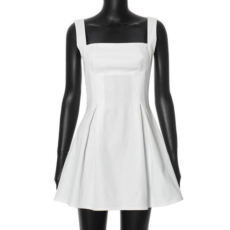 Nouvelle robe taille haute plissée à bretelles de couleur unie