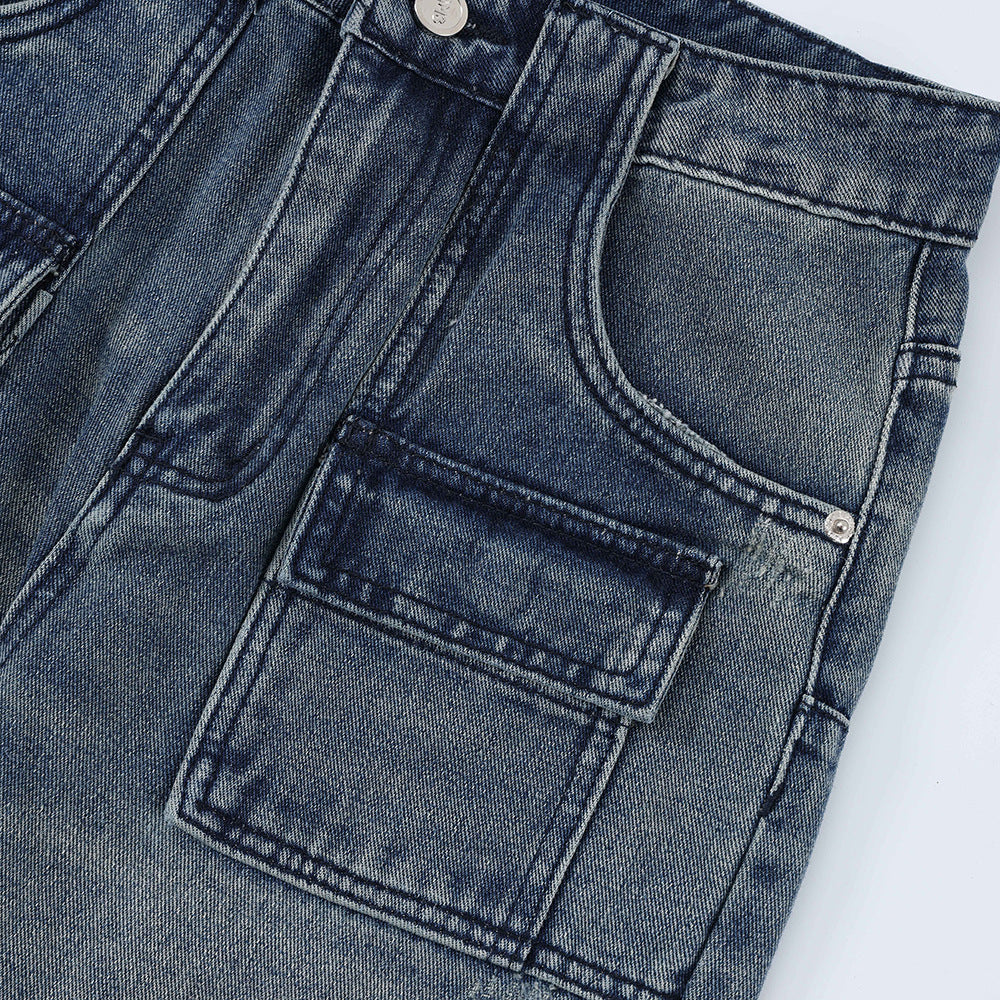 Men's High Street Loose Casual Washed And Worn Straight-leg Denim Pants