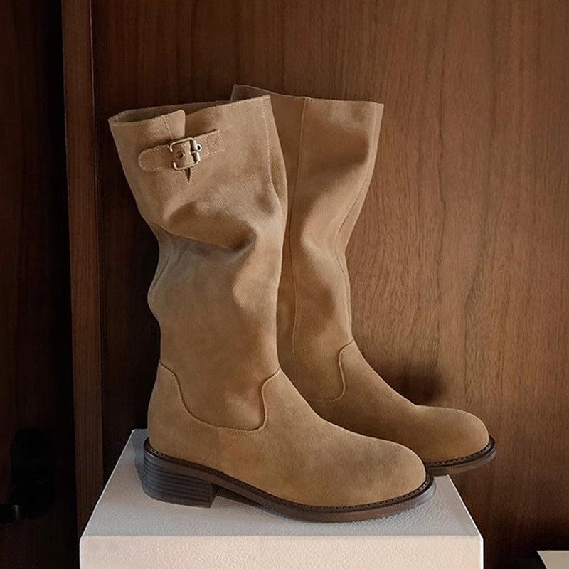 Bottes Maillard en cuir de vache à bout rond et boucle à talon épais sous le genou