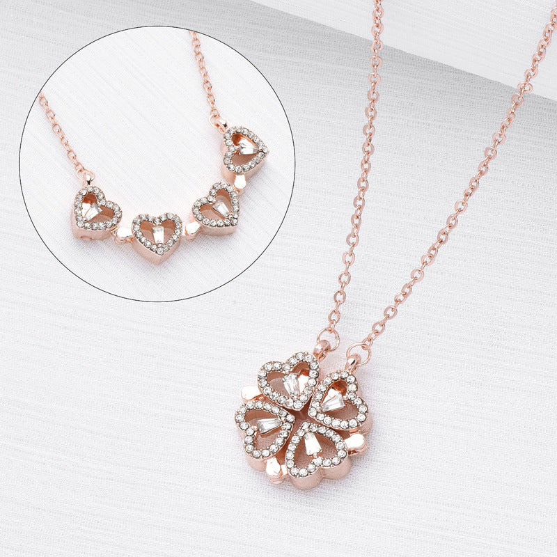 Retro Magnetic Folding Heart Shaped Four Leaf Clover Pendant Necklace