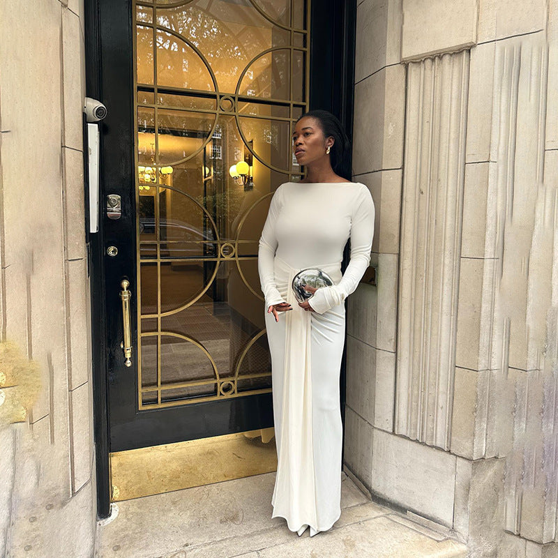 Robe taille haute à manches longues et couleur unie pour l'automne