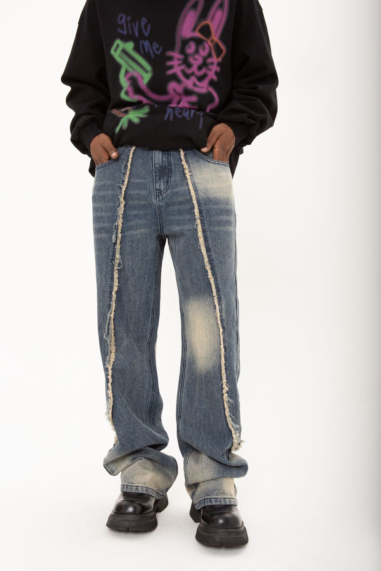 New Real Shot American Street Fashion Washed Denim Trousers