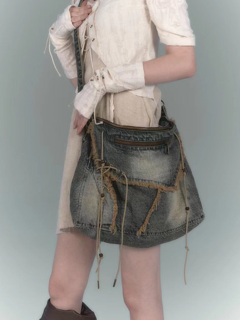 Vintage Denim Washed Brushed Tassel Messenger Bag