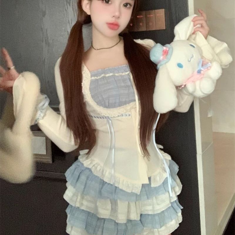 Waist-controlled Top Women's Autumn Tiered Skirt Short Skirt Two-piece Set