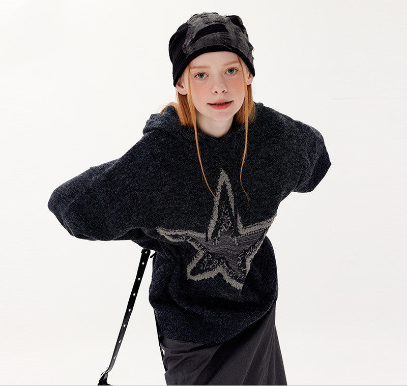 Hooded Knit Sweater Five Pointed Star Jacquard