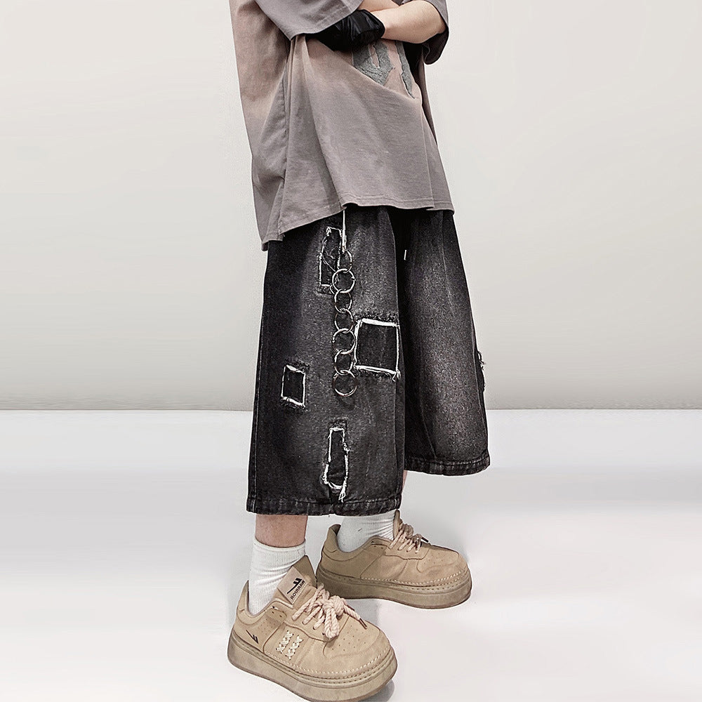 Pantaloncini corti vintage estivi in denim a gamba larga con toppe vintage