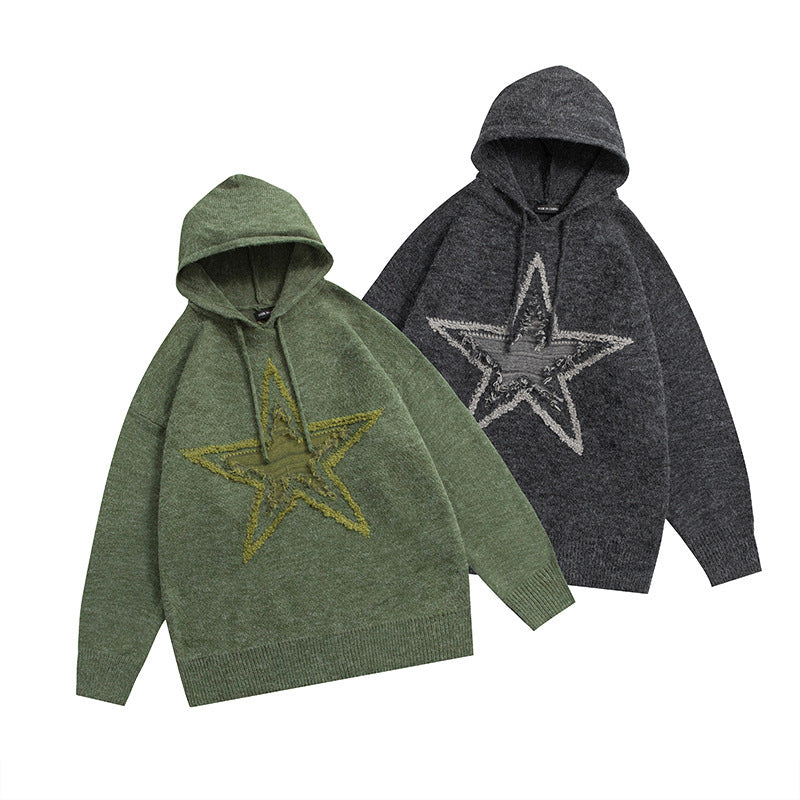 Hooded Knit Sweater Five Pointed Star Jacquard
