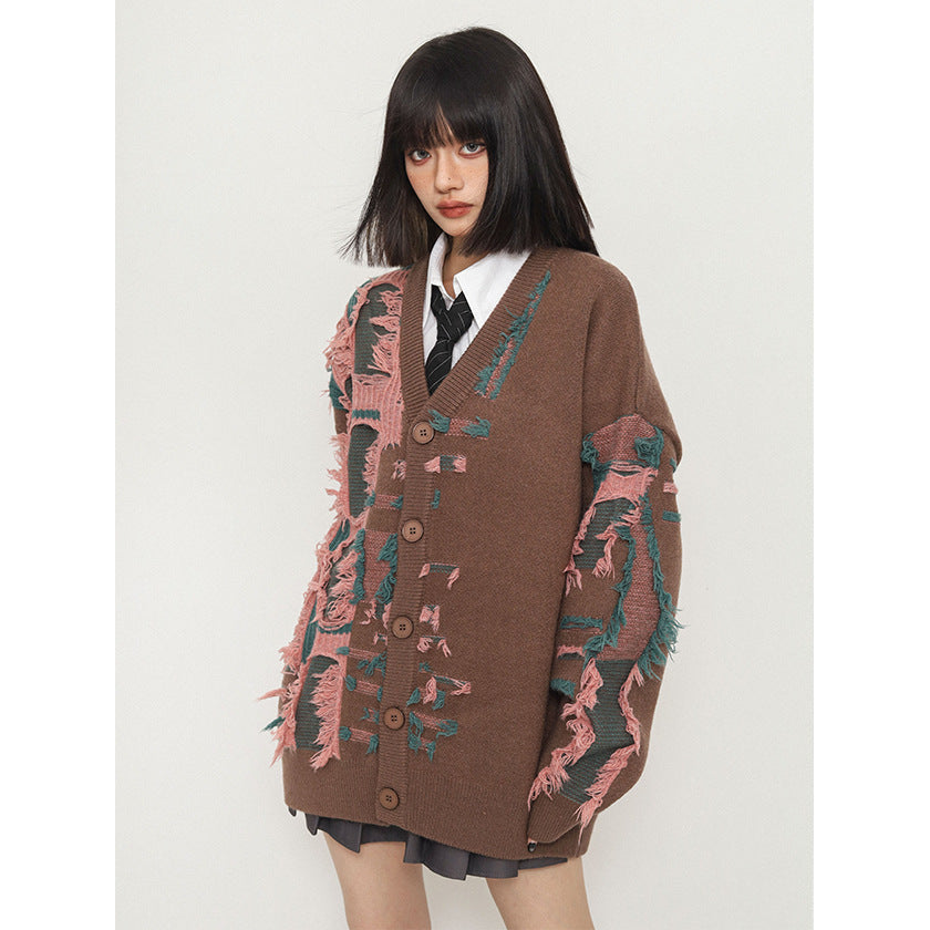 Retro Shabby Stitching Idle Style V-neck Cardigan Sweater