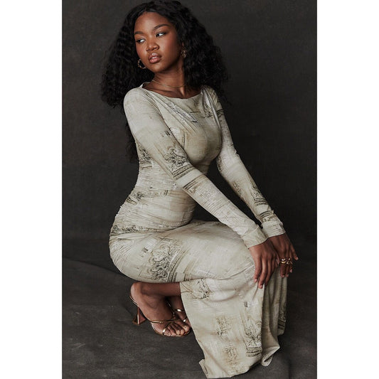 Printed Long Sleeve Round Neck Tight Dress