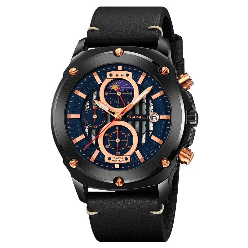 Watch Fashion Trend Men's Leather-belt Watch Three Eyes And Six Needles Quartz Watch