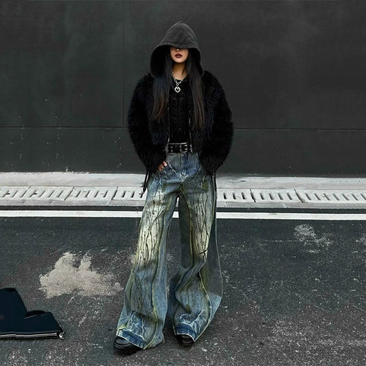 Loose Drooping High Waist Splash-ink Jeans