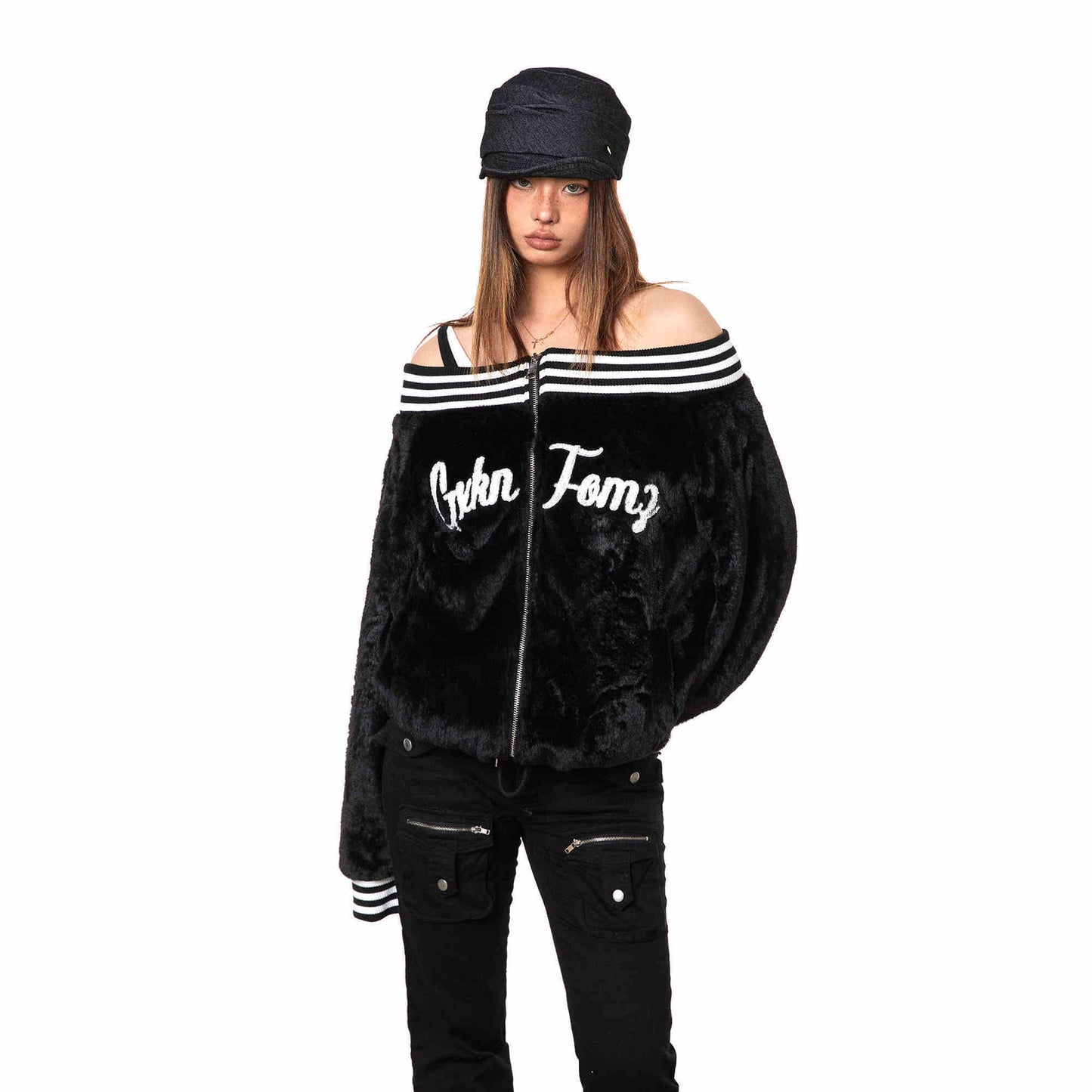 Manteau ample en laine d'agneau brodée en peluche à épaules dénudées style rétro