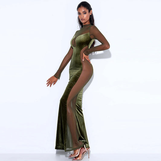 Women's Fashion Velvet Mesh Splicing Long-sleeved Dress