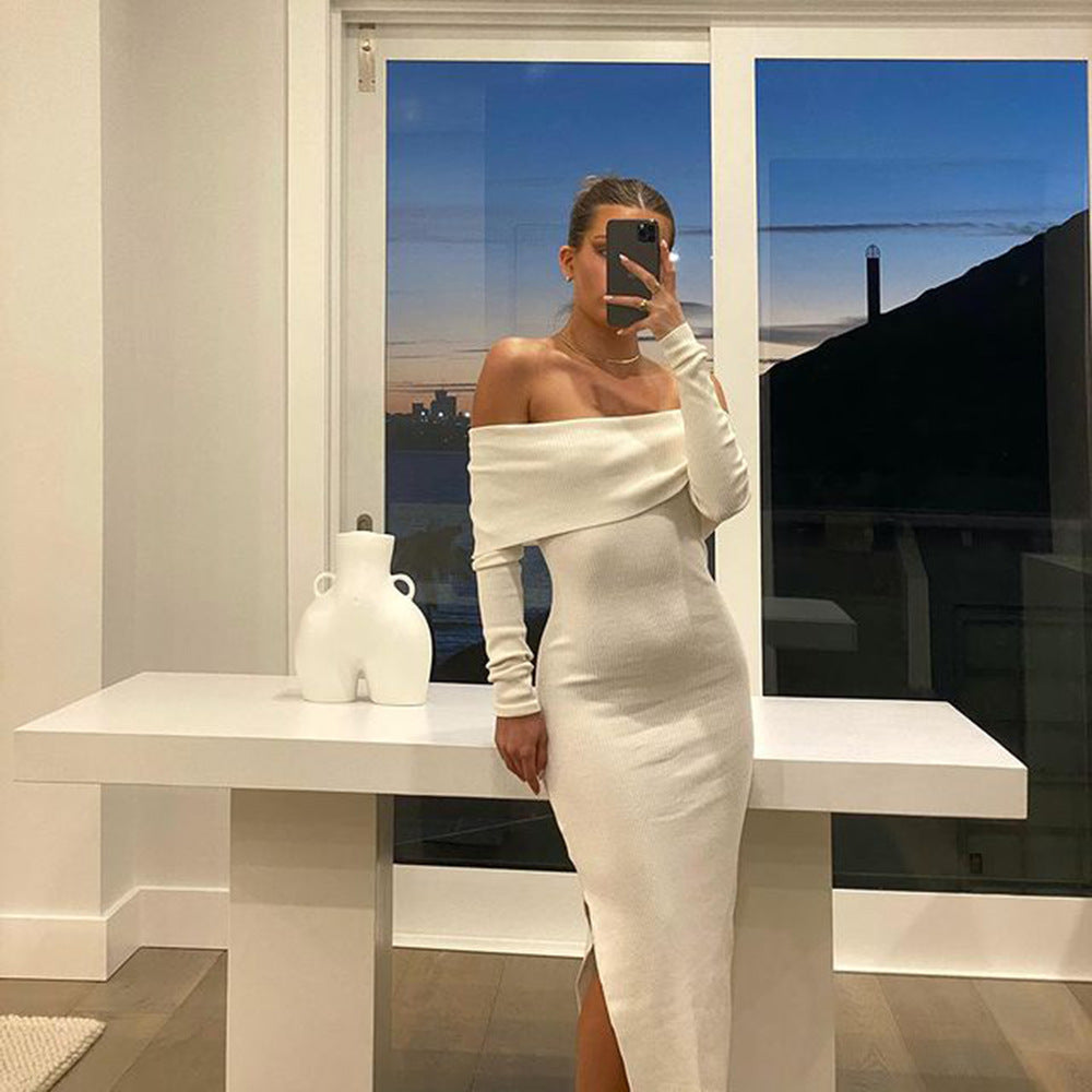 New High-waist One-shoulder  Long-sleeved Dress