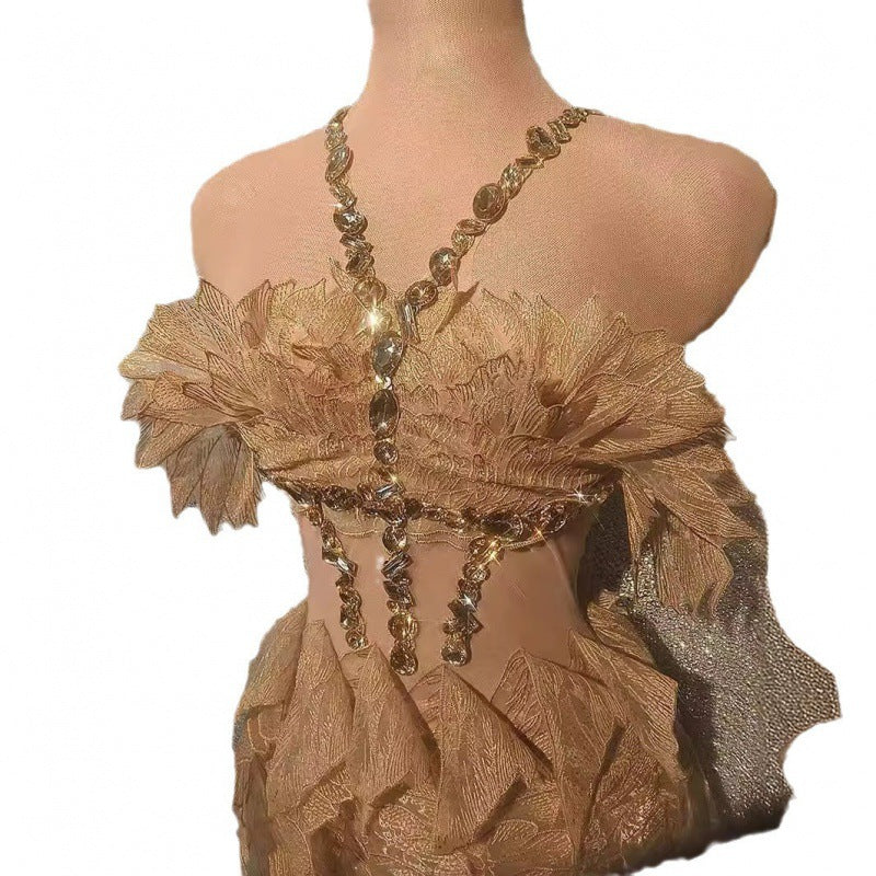 Champagne Gold Rhinestone Halter Sleeveless Wings Blade Short Footwear