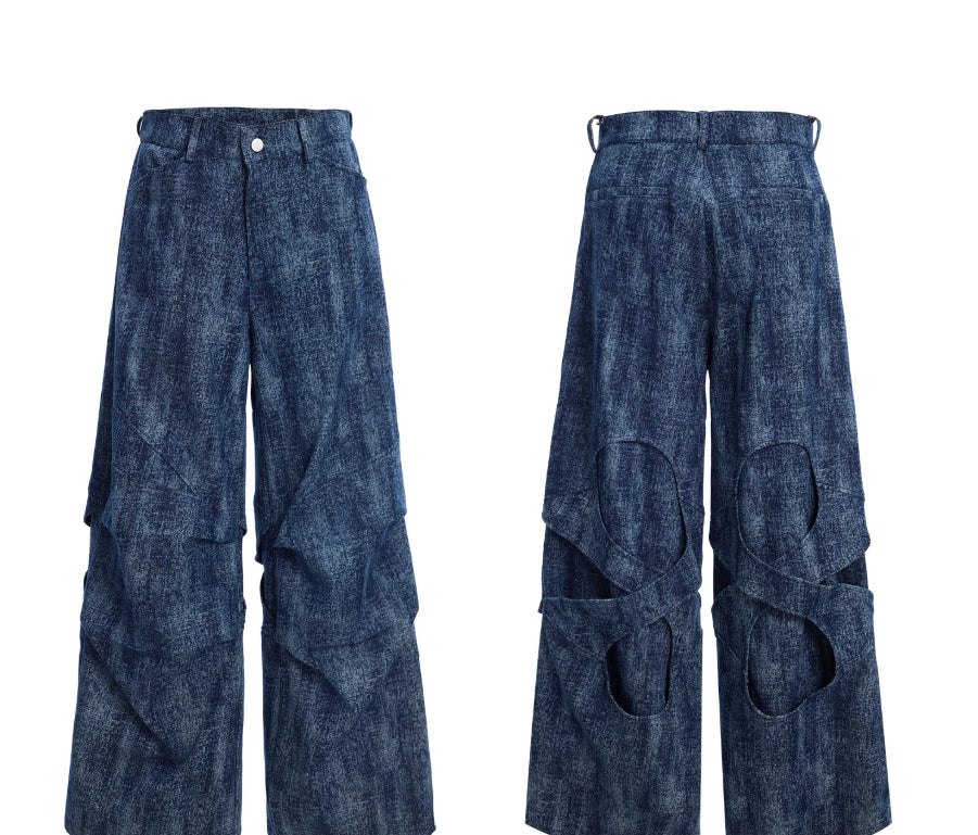 Niche Pleated Texture Straight Loose Jeans Stitching Trousers