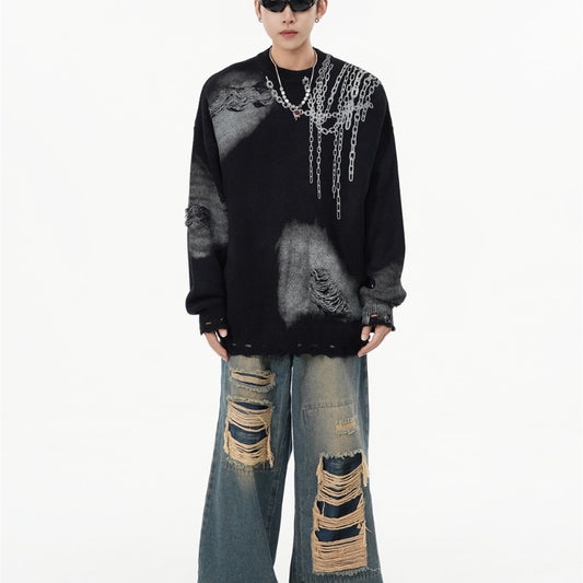 Inkjet Distressed Dirty Chain Round Neck Sweater