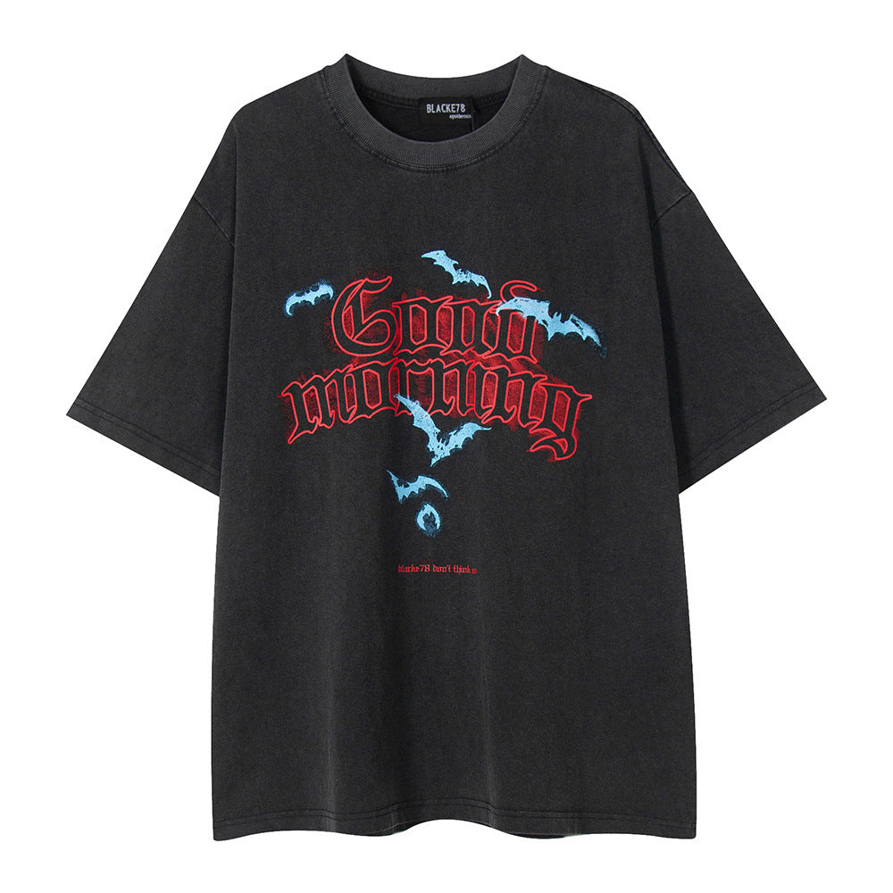 Punk Hip Hop Printed Letter Washed And Worn Short Sleeve T-shirt