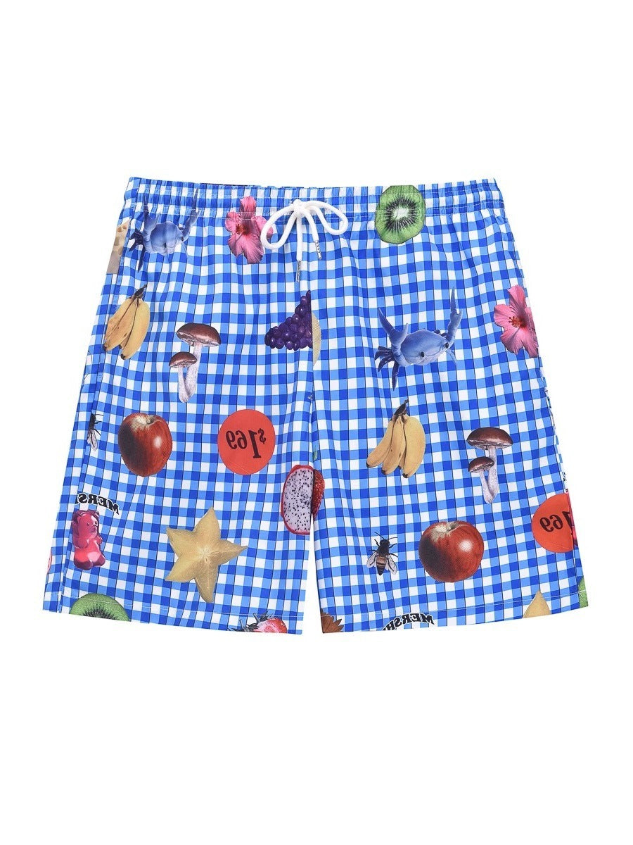 American Retro Blue Plaid Fruit Full Printed Shorts