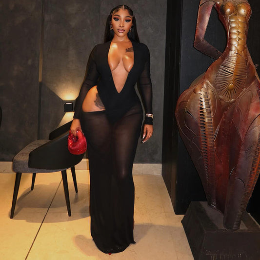 Womens Sheer Long-Sleeve Mesh Dress