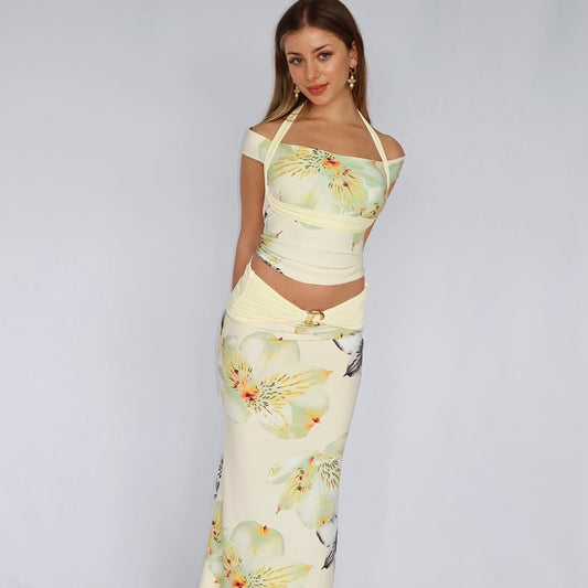 Sexy Backless Halter Top Slim-fit Printed Dress Two-piece Set