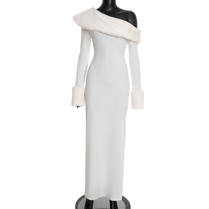 Solid Color Long Sleeve Oblique Collar Slim Christmas Dress