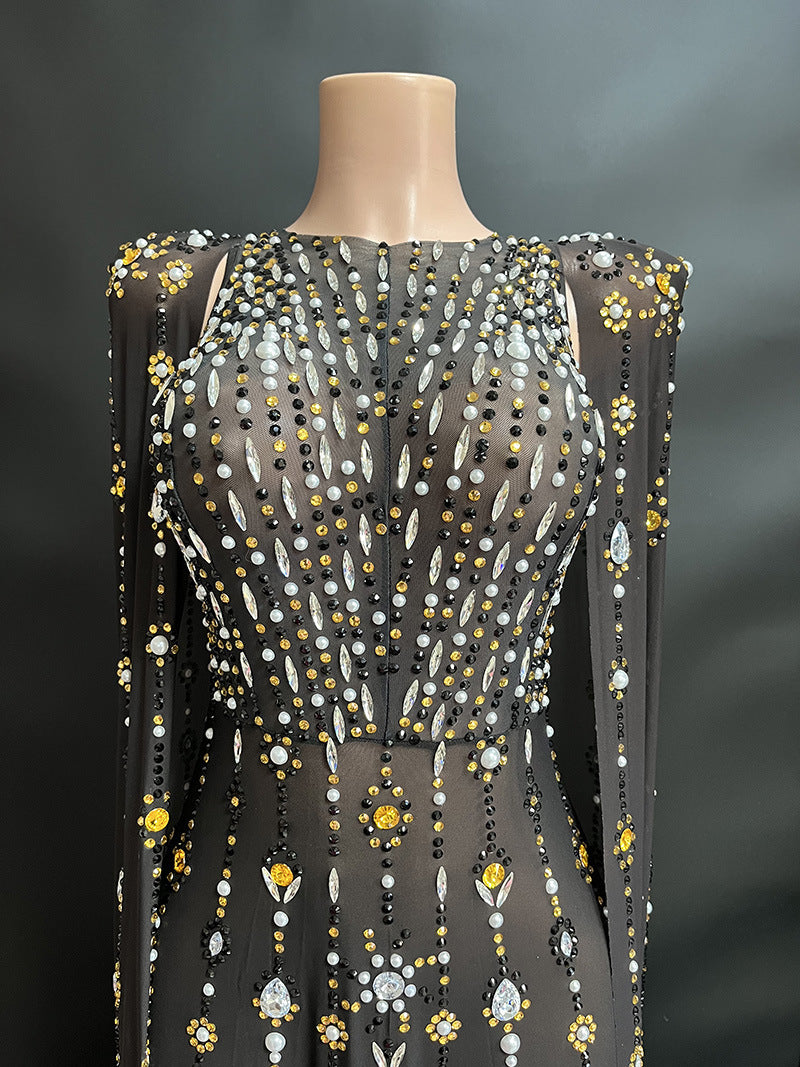 Nouvelle robe à manches longues en diamant brillant noir pour femme, robe de soirée sexy