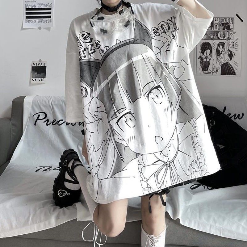 Anime Print Loose White Short Sleeve Top