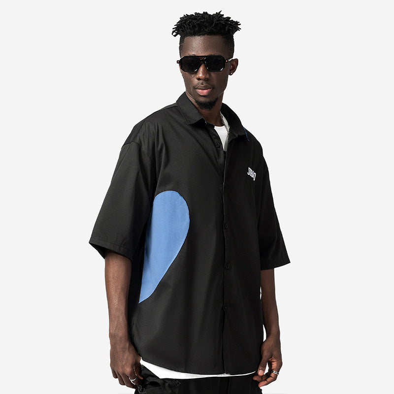 Stitching Contrast Color Drop Shoulder Half Sleeve Couple Shirt