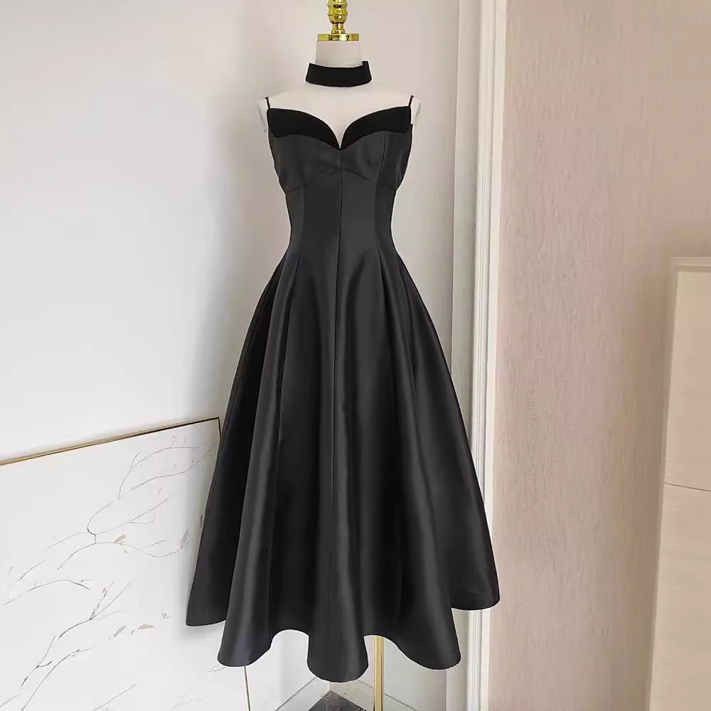 Velvet Splicing Sling Waist Slim Fit Dress Women