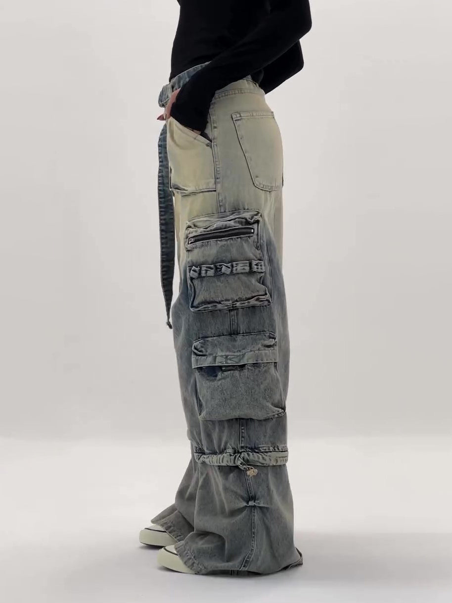 High - Waisted Ombre Cargo Jeans With Multiple Pockets