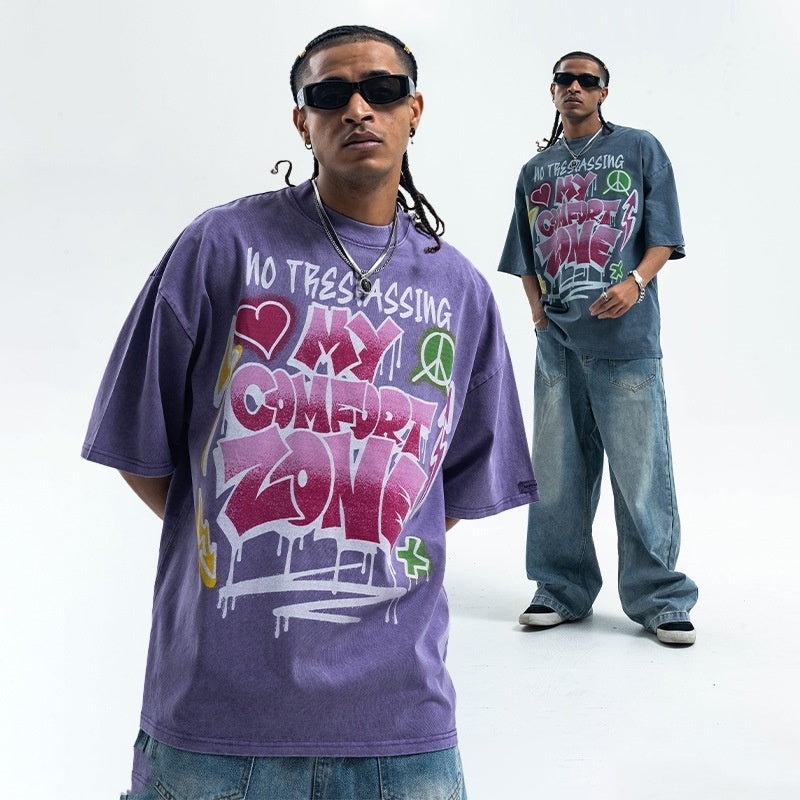 Retro Washed Dyed Distressed Letter Print Short-sleeve T-shirt