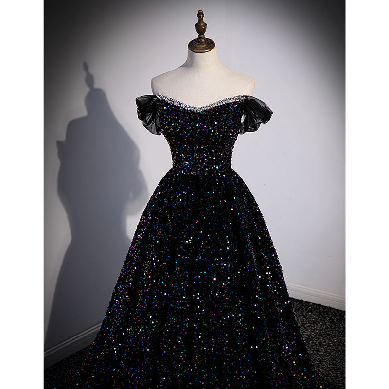 Robe de soirée à épaules dénudées et paillettes françaises pour hôte