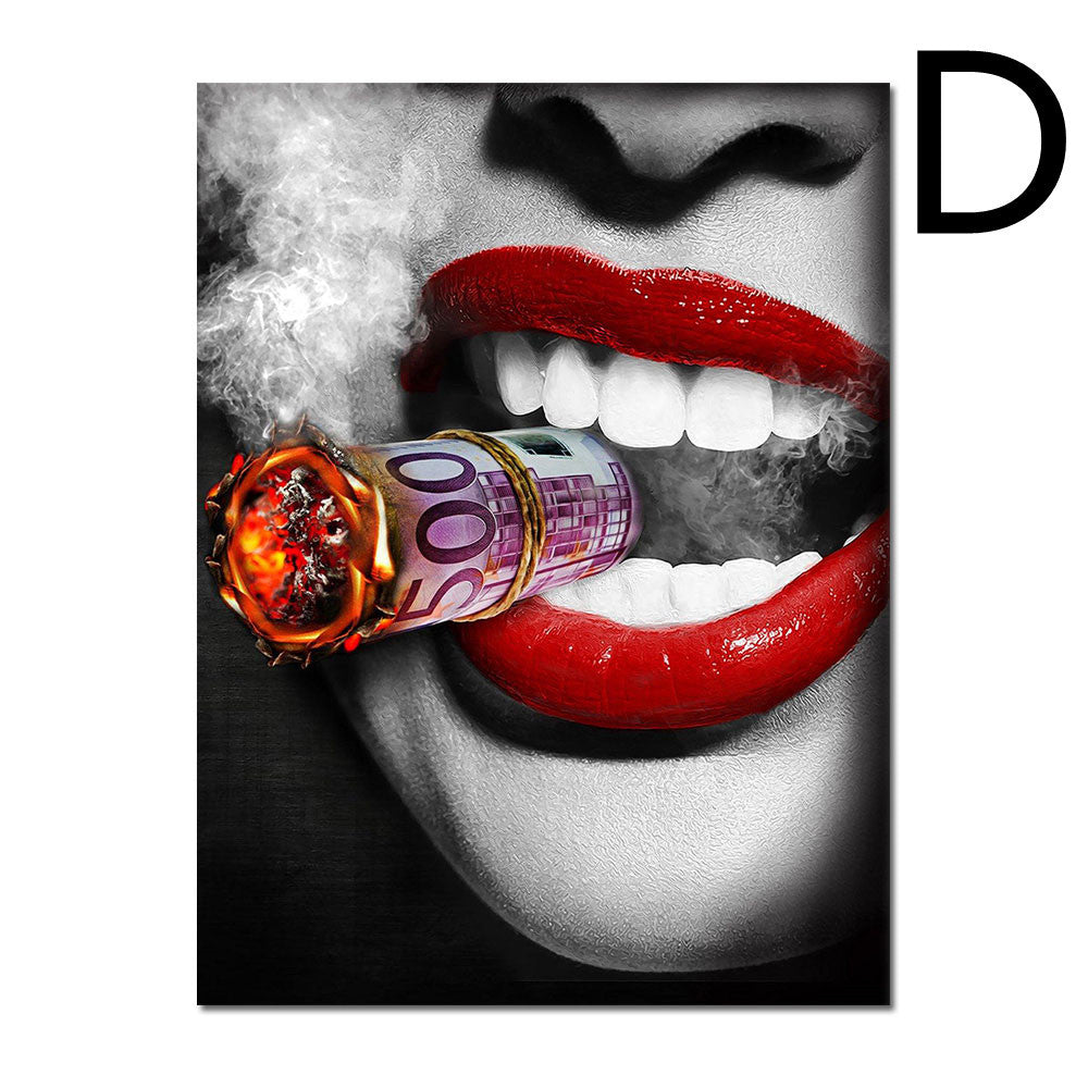 Wall Art Poster Red Lips Smoking Woman Clock Picture Canvas Painting