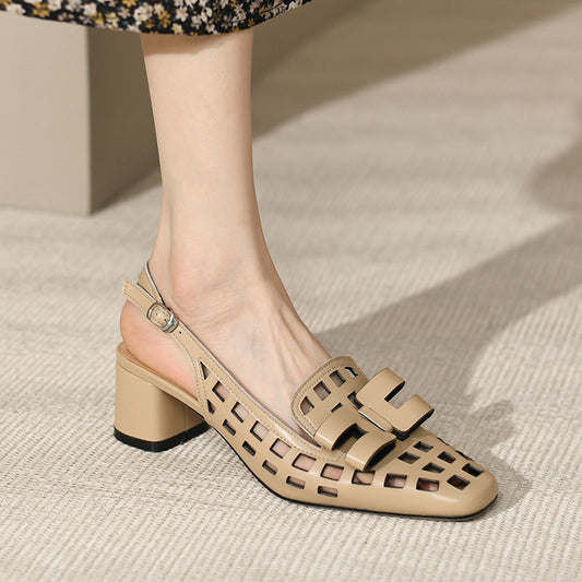 Chaussures à talons épais et bout romain creux pour femmes, grande taille