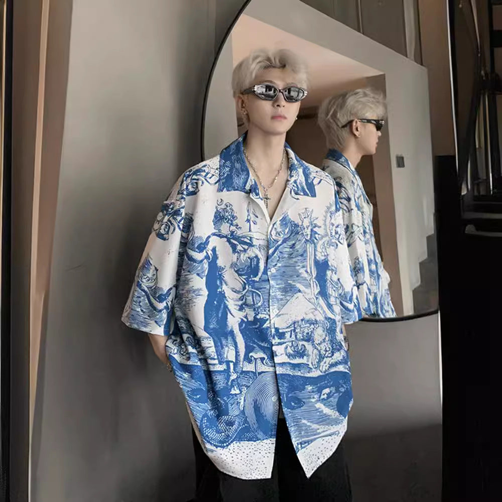 Chemise en soie glacée imprimée en relief style vacances Cuba avec nœud papillon américain