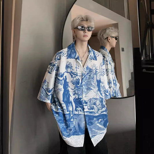 Vacation Style Cuba Bow Tie American Embossed Printed Ice Silk Shirt