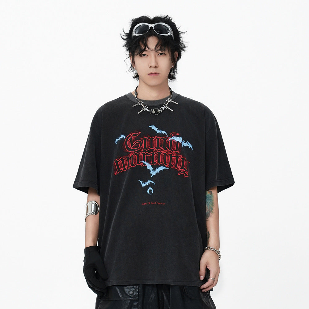 Punk Hip Hop Printed Letter Washed And Worn Short Sleeve T-shirt