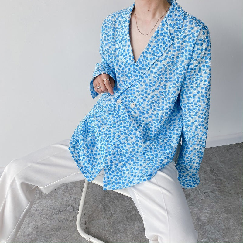 Chemise croisée fine à pois bleus