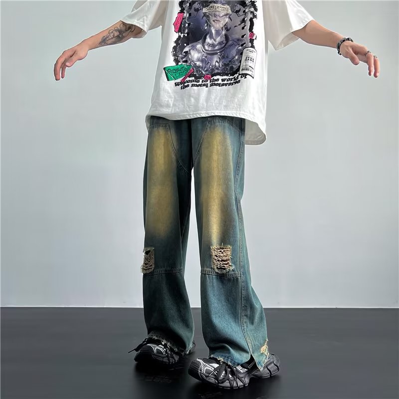 Jean rétro déchiré bleu contrasté