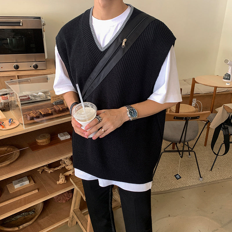 Knitted V-neck Vest Men's Korean Style Trend Sleeveless Vest Loose College Style Sweetheart Neck Vest