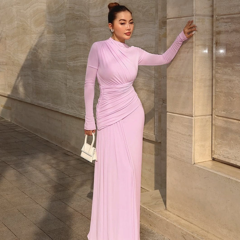 Elegant Slim Pleated Zipper Round-neck Long-sleeved Dress